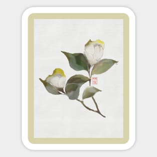 White watercolor and sumiE ink camellias Sticker